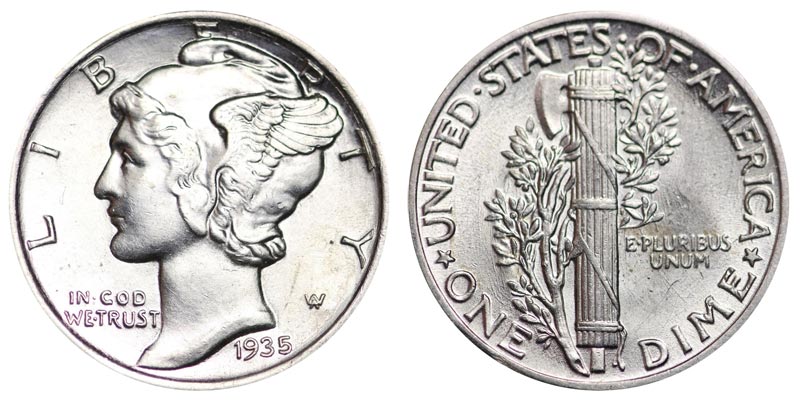 1935 Mercury dime obverse and reverse showing Liberty's winged head and fasces bundle