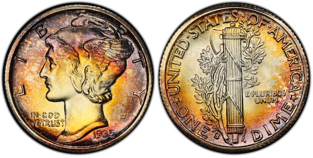 1935 Mercury dime reverse comparison: left coin shows flat bands with no Full Bands designation, right coin shows fully split, separated central bands qualifying for FB