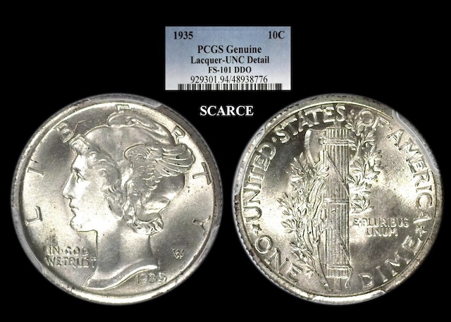 1935 Mercury dime FS-101 Doubled Die Obverse showing doubling on IN GOD WE TRUST and date under magnification