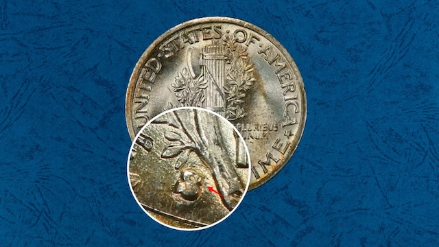 1935-S Mercury dime repunched mintmark showing secondary S impression offset from the primary S mintmark