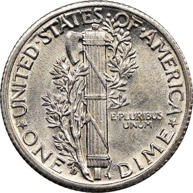 1935-D Mercury dime reverse showing D mintmark and fully split central bands qualifying for Full Bands FB designation