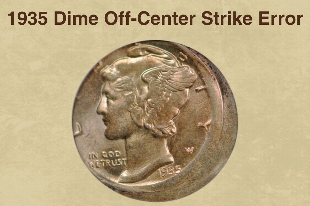 1935 Mercury dime off-center strike error with design shifted and blank planchet crescent visible on the opposing edge