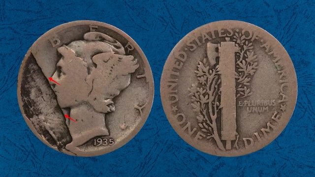 1935 Mercury dime lamination error showing a silver metal flap peeling from the coin surface on the obverse