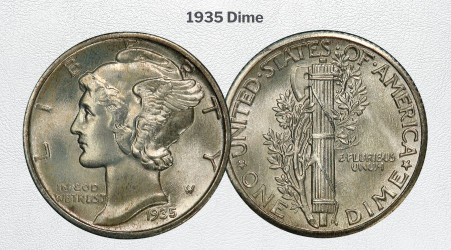 Group of 1935 Mercury dimes showing various grades from worn to gem uncirculated arranged in a row on dark background