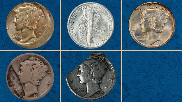 1935 Mercury dime grading strip showing four condition tiers from worn Good on the left to gem MS65 on the right